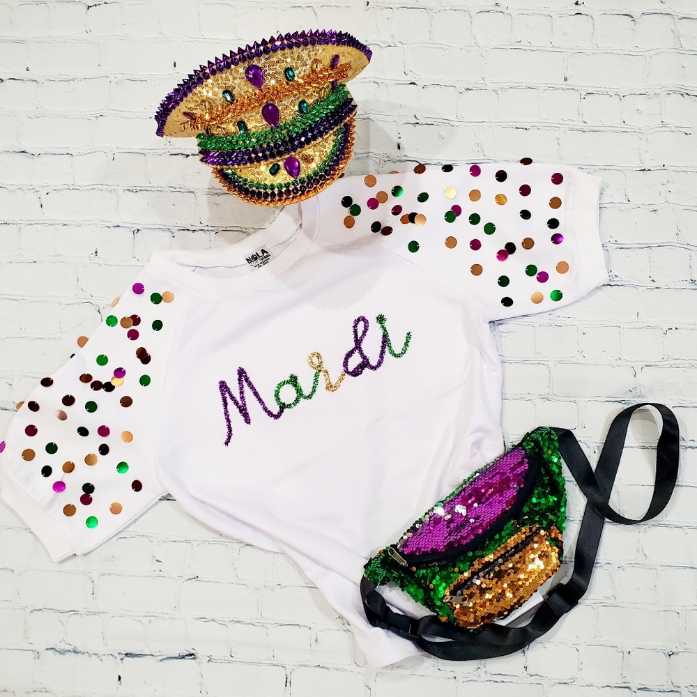 Mardi Gras tensel & Sequin sleeve top